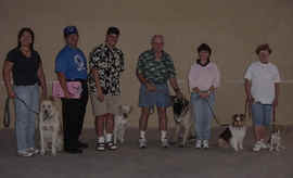Photo of five dog and handler teams with instructor at graduation